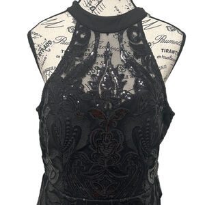 Minuet Petite Black Lace Sequin Feather Hem Dress L